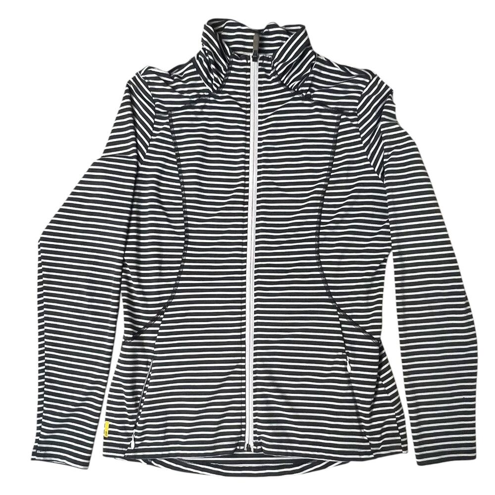 Lole Women's Sz L Gray White Stripe Full Zip Cardigan Activewear Stretch UPF 50